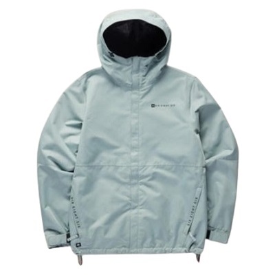 Light gray hooded windbreaker jacket with zip pockets and adjustable hem (water-resistant outdoor outerwear).