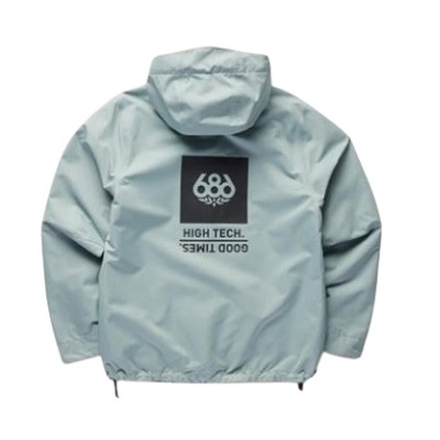686URA - SHOP NEWS | ムラサキスポーツオンラインストア 通販 Light gray hooded windbreaker shown from the back with a black square graphic and text centered on the rear