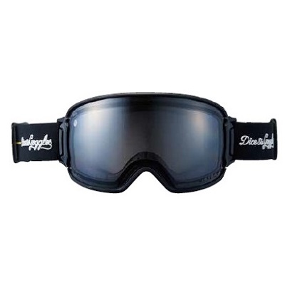 Black ski goggles with mirrored lenses and an adjustable strap.