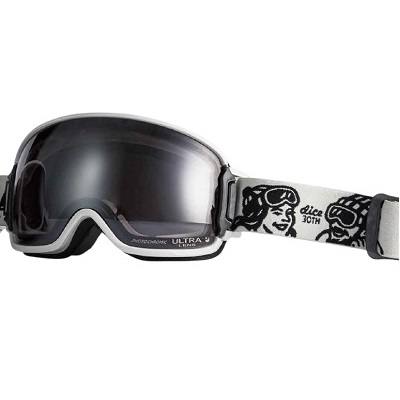 Snow goggles with a dark mirrored lens and a white strap featuring black cartoon faces.