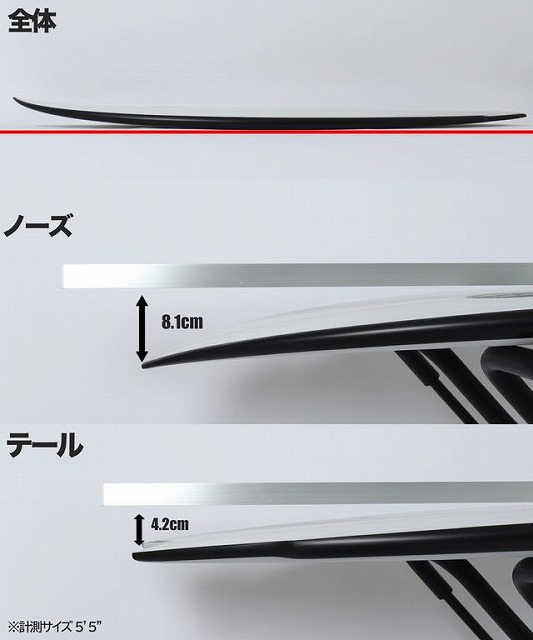 Diagram of a snowboard with Japanese labels: overall, nose, and tail; shows nose height 8.1 cm and tail height 4.2 cm.