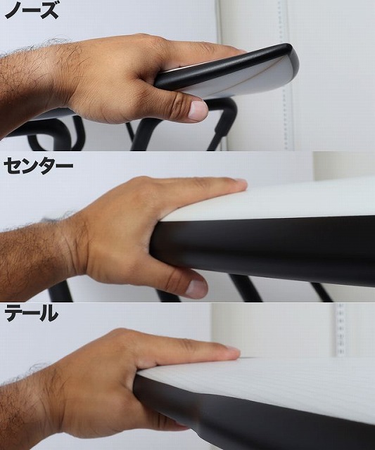 Close-up of a hand gripping the front, middle, and back edges of a black-and-white rail or edge, with Japanese labels Nose, Center, and Tail indicating grip positions.