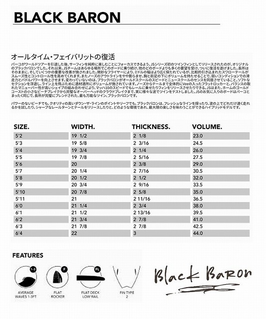 Black Baron product page with logo, Japanese revival description, a size chart (SIZE, WIDTH, THICKNESS, VOLUME) from 5'2 to 6'4, plus feature icons and signature.