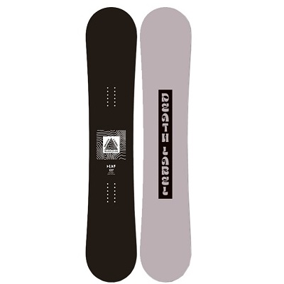 Two skis standing upright side by side: one black with a small graphic and logo in the middle, the other light gray with vertical text along its length.