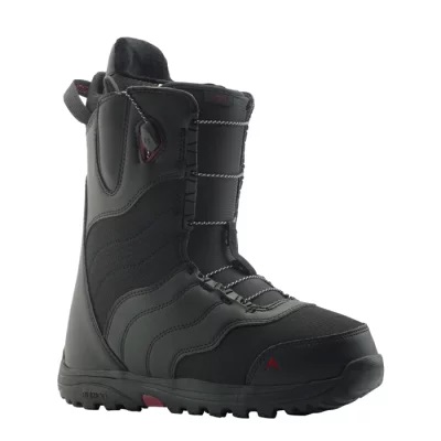 Black high‑ankle snowboard boot with lace closure, rugged sole, and subtle red accents on heel and sole.