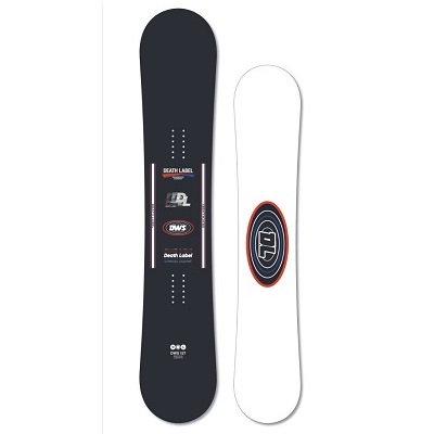 Pair of snowboards displayed side by side: a dark navy board with branding and graphics on the left, and a white board with a circular crest on the right.