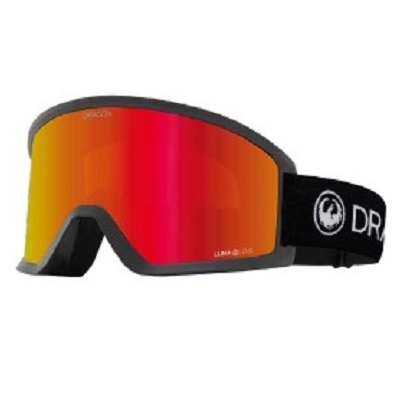 Snow goggles with a mirrored orange-to-pink lens and black strap (Dragon brand). The image shows ski/snowboard goggles designed for eye protection and visibility on the slopes.
