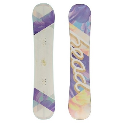 Pair of skis with pastel purple and cream geometric patterns; one ski shows a beige panel, the other has large cursive lettering.