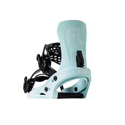 Turquoise snowboard binding shown from the side, with black straps and highback.