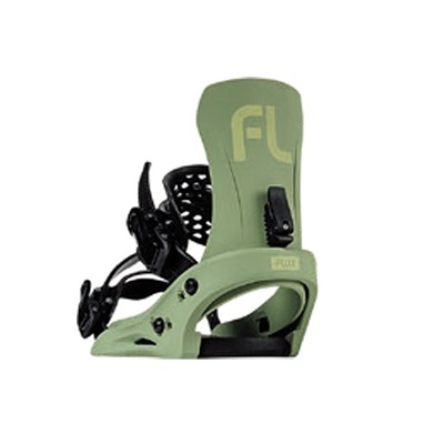 Green snowboard binding with black straps and highback, shown from the side highlighting the ankle strap and ratchets.