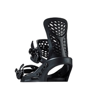 Black snowboard binding with a perforated highback and adjustable ankle and toe straps