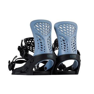 Blue and black Flux snowboard bindings with perforated blue highbacks and secure ankle straps on a white background, viewed from the side.