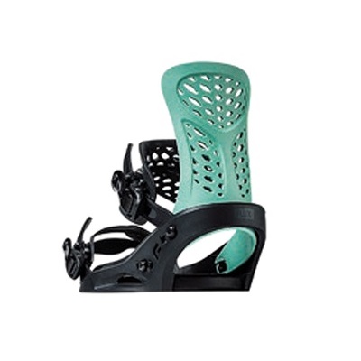 Turquoise highback snowboard binding with black base and straps.