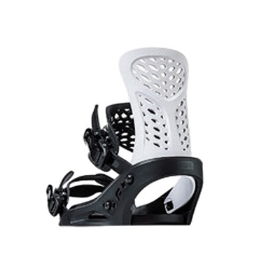Black snowboard binding with a white highback and ratchet straps, shown mounted ready to attach a snowboard boot.