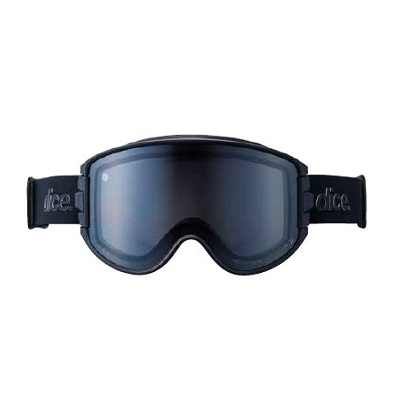 Black ski goggles with blue reflective lenses and an adjustable strap marked 'dice' on the sides