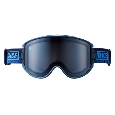 Blue ski goggles with reflective lenses and DICE branding on the strap.