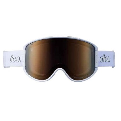 White-framed ski goggles with brown tinted lenses and a white strap. Read: safety gear for winter sports with a curved, protective lens.