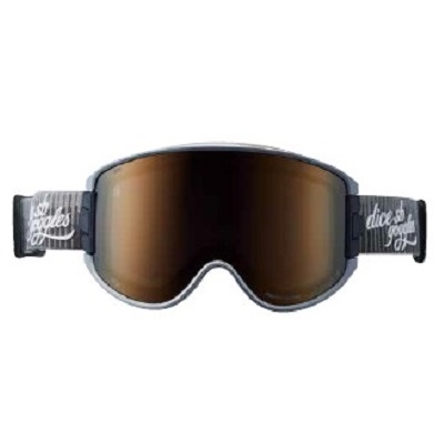 Snow goggles with brown mirrored lenses and an adjustable black strap.