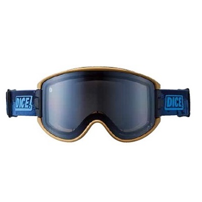 Blue ski/goggles with tan frame and reflective dark lenses, straps read 'DICE' on each side.