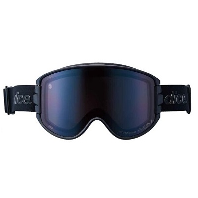 Snow goggles with dark mirrored lenses and a black elastic strap reading 'dice'.