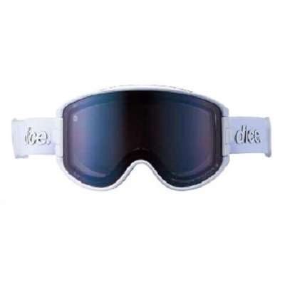 White-framed ski/goggles with dark reflective lenses and a light blue strap for snow sports