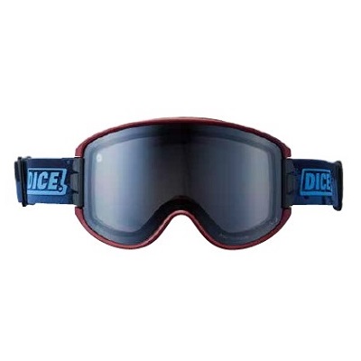 Snow goggles with blue, strap-branded Dice logos and mirrored lenses.