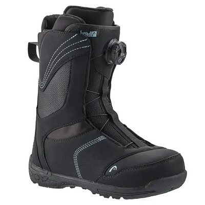 Black snowboard boot with a Boa dial closure and padded ankle, rugged sole for grip and support.