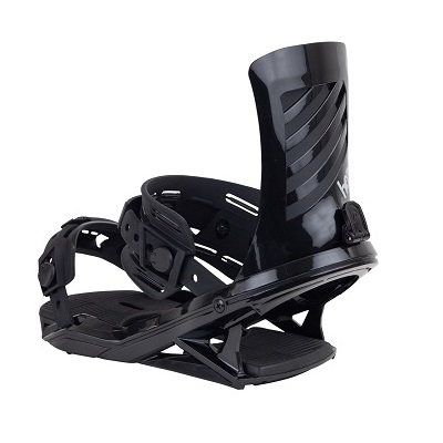 Black snowboard binding with ankle and toe straps and a tall highback on a white background.