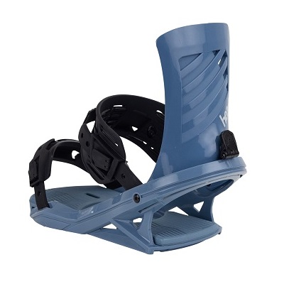 Blue snowboard binding with black straps and adjustable ankle strap on a molded baseplate.