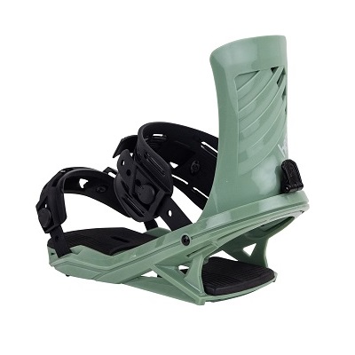 Green snowboard binding with black ankle and toe straps, viewed from the side
