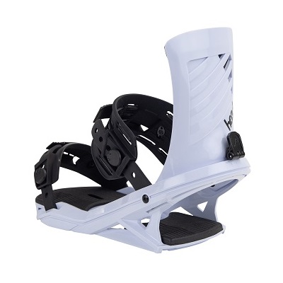 Snowboard binding with white chassis, black straps, highback, and ratchet buckles.