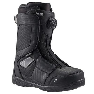 Black snowboard boot with a Boa dial closure and padded ankle support, rugged sole.