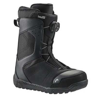 Black snowboard boot with Boa dial lacing system and rugged outsole for grip.