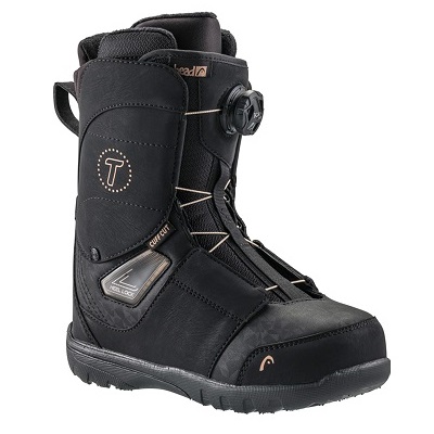 Black snowboard boot with a Boa dial on the side, mid-height silhouette, and rugged tread for traction.