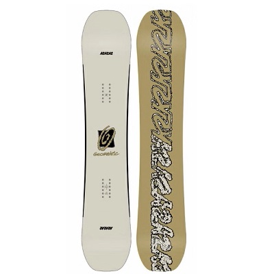 Pair of snowboards standing upright: left cream with small logos, right tan with bold white script branding along its length.