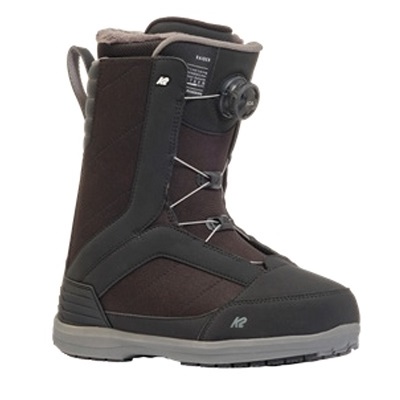 Brown snow boot with black overlays, padded inner lining, and a Boa dial closure on the side for easy tightening.