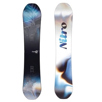 Two Nitro snowboards displayed upright side by side: the left board has a dark blue gradient with abstract blue accents, the right board has a light, abstract design with the Nitro logo.