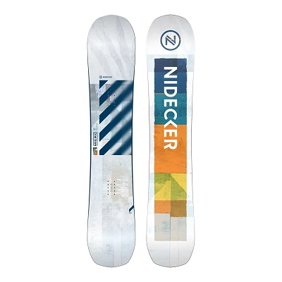 Pair of Nidecker skis with blue geometric patterns on white bases, shown side by side.