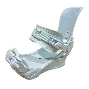 Light gray snowboard binding with adjustable straps and high-back, shown from the side.