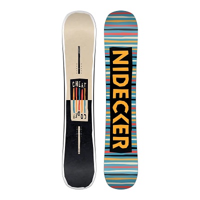 Two snowboards shown side by side: one beige and black with a'CHEAT CODE' graphic, the other colorful striped with a bold 'NIDECKER' label.