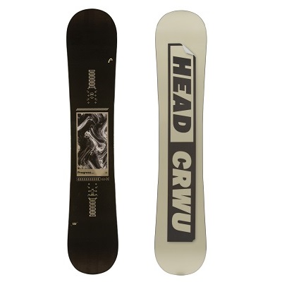 Two snowboards shown standing upright side by side: a black board with a graphic panel and text, and a light board featuring a bold'HEAD CREW' logo.