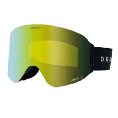 Dragon ski goggles with iridescent yellow-green lens and black strap, designed for daytime skiing.