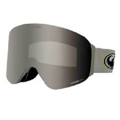 Grey ski goggles with a mirrored lens and adjustable strap for snow sports