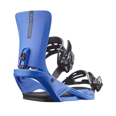 Blue snowboard binding with black ratchet straps and high-back, mounted on a baseplate.