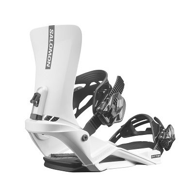 White Salomon snowboard binding with black straps, shown mounted on a snowboard baseplate.