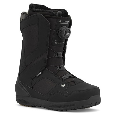 Black snowboard boot featuring a Boa dial lacing system and padded high ankle collar for support and control.