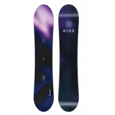 Two snowboards standing upright side by side: left board with purple gradient, right board dark blue with a RIDE logo, against a white background.
