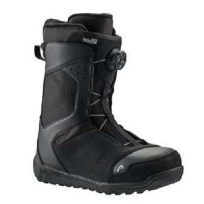 Black snowboard boot with side dial closure and rugged sole.