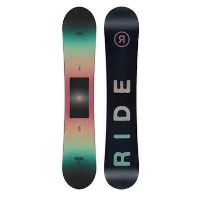 Two Ride snowboards standing upright side by side: one with a pastel green-to-peach gradient and a black center rectangle, the other navy with large vertical'RIDE' lettering and a circular logo near the top.