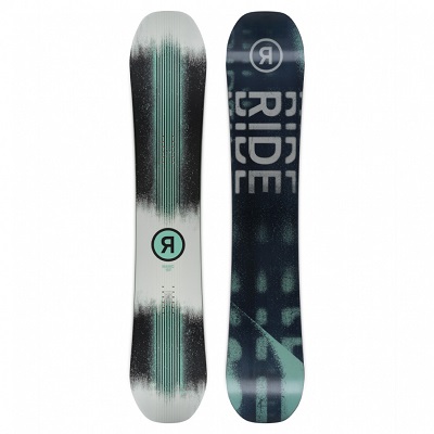 Two snowboards standing upright side by side; left board features teal/black gradient with a circular logo, right board is dark blue with a bold'RIDE' branding.